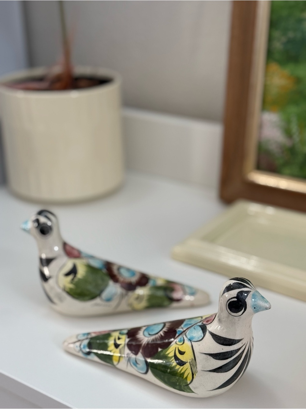 Hand Crafted Tonala Mexico Colorful Floral Ceramic Dove Birds Pair